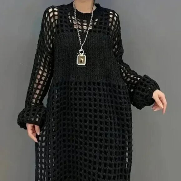Open Knit Hollow Long Sweater Dress - Picture 4 of 12